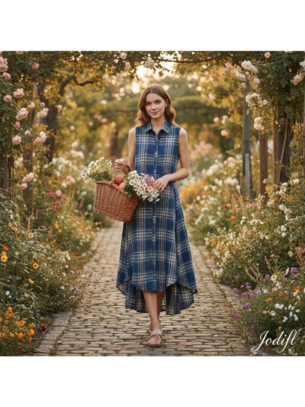Blue Plaid Sleeveless Button-Down Dress Frayed Hem Modern Boho and Western Chic